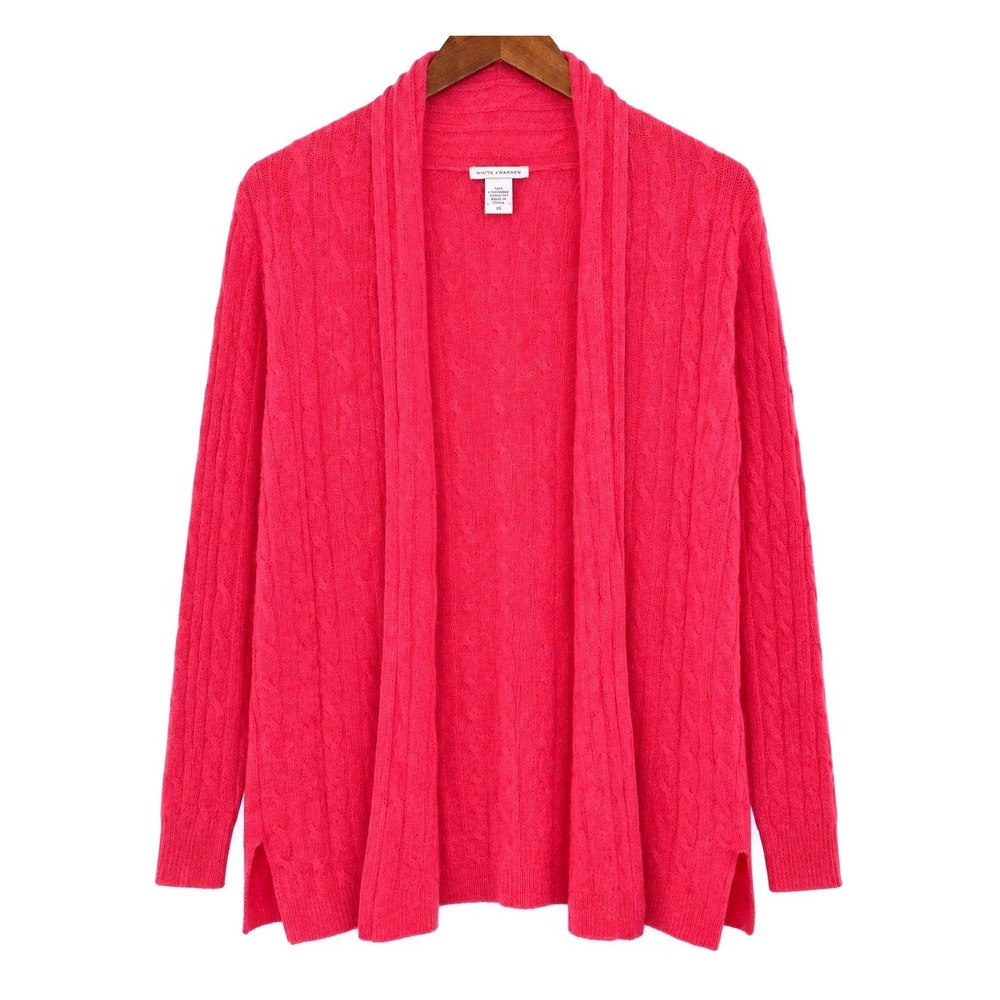 White + Warren Cashmere Cardigan XS / S Pink Chunky Cable Knit Open Longline